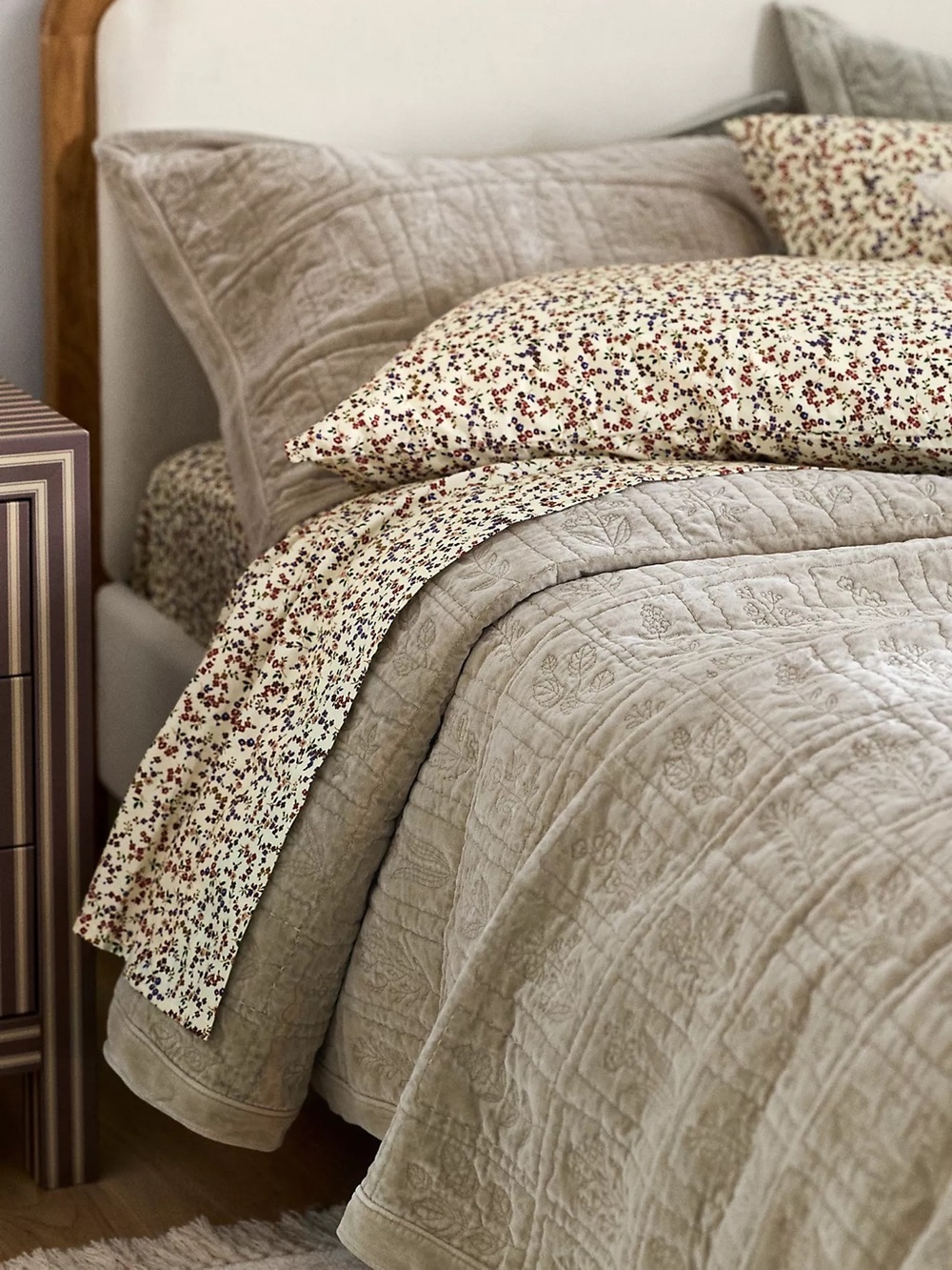 Anthropologie Botanical Cotton Velvet Floral Embroidered Coverlet and shams